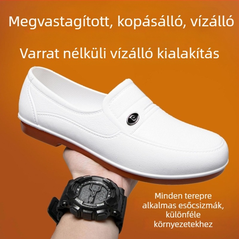 Fehér vízálló munkacipő marha-inakból készült talppal, alacsony szárú, csúszásmentes, építkezéshez és konyhához