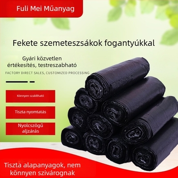 Vastagított fekete egyszer használatos műanyag szemeteszsákok háztartási használatra, kézi fogantyúval, konyhához