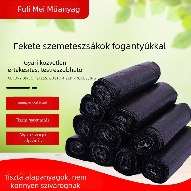 Vastagított fekete egyszer használatos műanyag szemeteszsákok háztartási használatra, kézi fogantyúval, konyhához