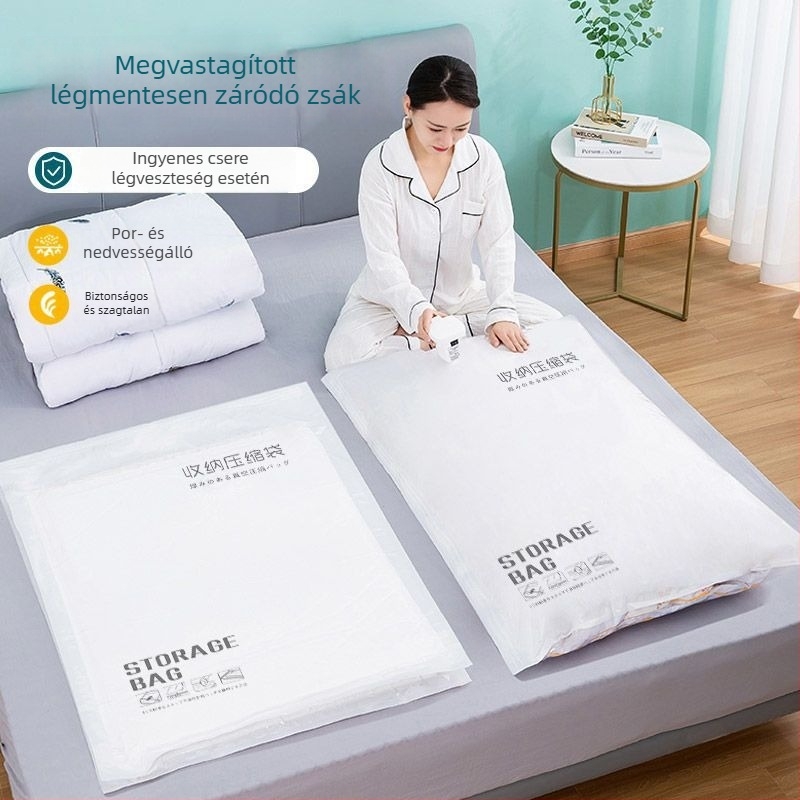 Megvastagított vákuumos tömörítő zacskók paplanok és ruhák számára, méretek XL, M és S, kollégiumi rendezéshez és költözéshez