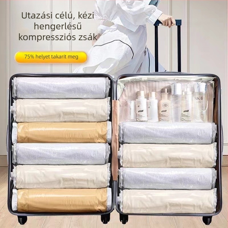 Kézzel görgő vákuum-kompressziós tasak otthoni használatra, levegő kiszívása nélkül, ruhák és pehelydzsekik tárolására, vízálló utazási vákuumtasak.
