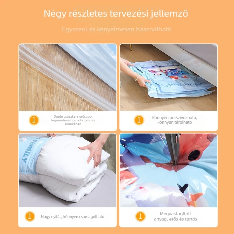 Vákuumos tároló zsák ruhákhoz és takarókhoz, 3D szívás, PA+PE anyag