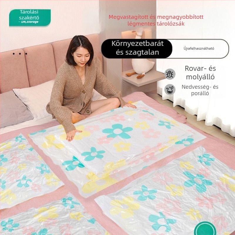 Erősített, megnagyobbított vákuumos tároló zsák ruháknak, pumpával