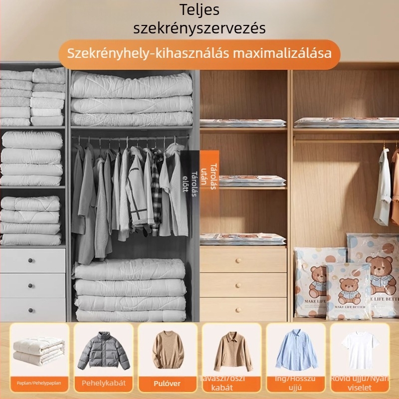 Fejlesztett vákuumos tömörítő tárolózacskók ruhákhoz, paplanokhoz és pehelykabátokhoz; vastagított és megnövelt méretű