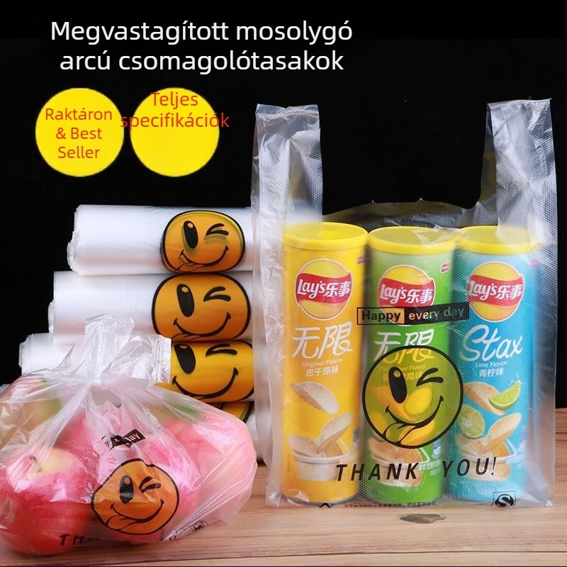Átlátszó mosolygós arcú műanyag zacskók élelmiszerekhez, vásárláshoz, elvitelre és szemét számára