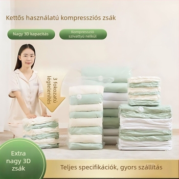 Háromdimenziós vákuumos tömörítő tasak ruhákhoz, nedvességálló zárással, alkalmas pehelykabátokhoz és dunyhákhoz