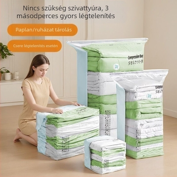 Háromdimenziós vákuumos tömörítő tasak ruhákhoz, nedvességálló zárással, alkalmas pehelykabátokhoz és dunyhákhoz