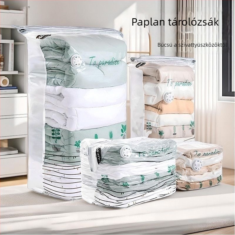 Háromdimenziós vákuumos tömörítő tasak ruhákhoz, nedvességálló zárással, alkalmas pehelykabátokhoz és dunyhákhoz