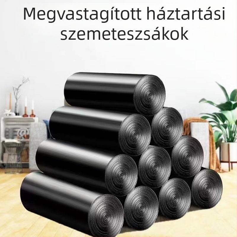 Fekete háztartási szemeteszsákok lapos nyílással, 45 × 50 cm, kis zsákok tekercsen