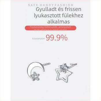 S999 sterling ezüst fülbevalók – csillag és hold, minimalist dizájn, gyémántos díszítés, japán-koreai stílus, nőknek
