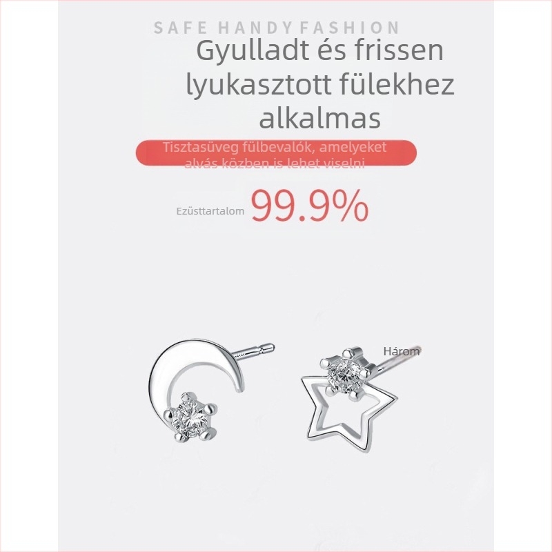 S999 sterling ezüst fülbevalók – csillag és hold, minimalist dizájn, gyémántos díszítés, japán-koreai stílus, nőknek