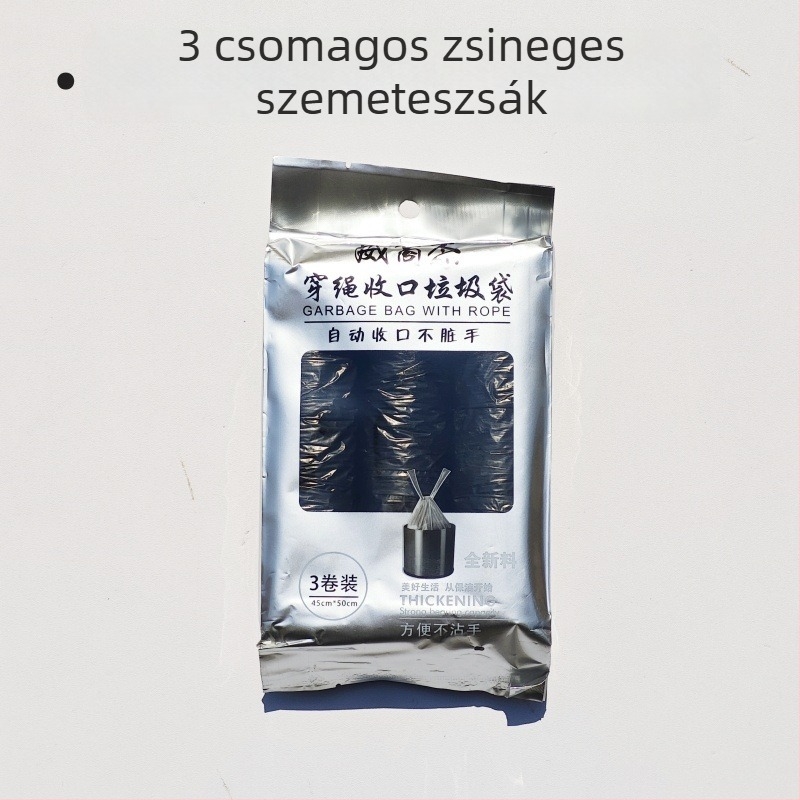 3 csomag vastagított műanyag szemeteszsák háztartási használatra, húzózsinóros kivitel, fekete, a konyhához