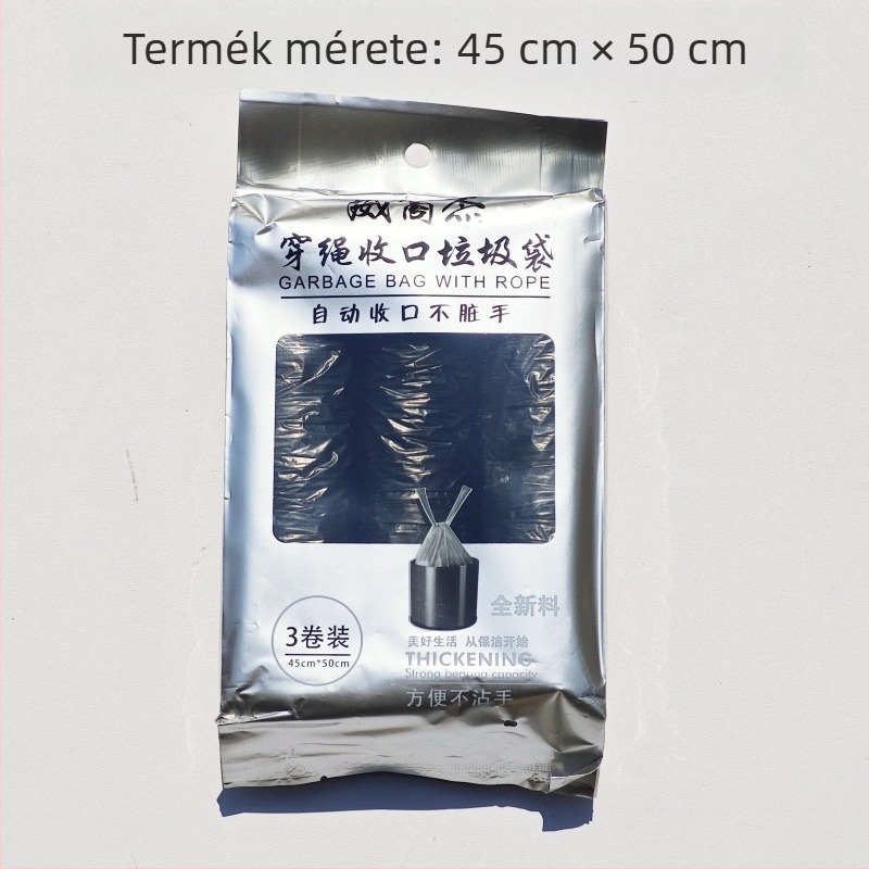 3 csomag vastagított műanyag szemeteszsák háztartási használatra, húzózsinóros kivitel, fekete, a konyhához