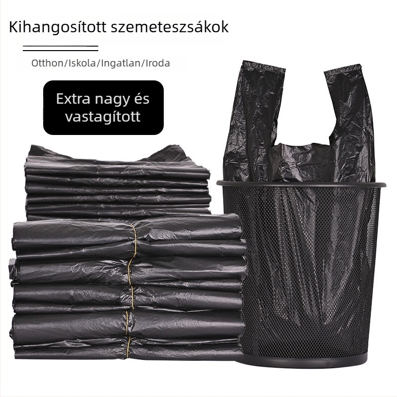 Konyhai vastagított szemeteszsákok kézben tartható, mellény-stílus, nagy tétel, 40×60 cm, fekete, erős műanyag