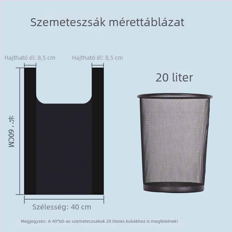 Konyhai vastagított szemeteszsákok kézben tartható, mellény-stílus, nagy tétel, 40×60 cm, fekete, erős műanyag
