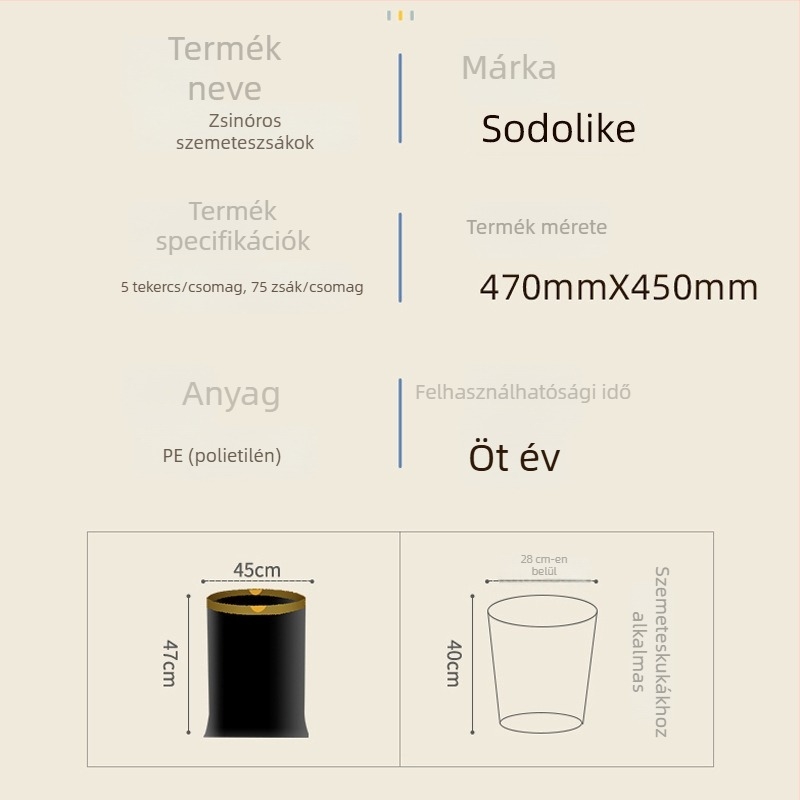 Sodolike kötözős szemeteszsákok, 75 db, háztartási használatra, vastagított kivitelűek, erősek, egyszer használatos műanyag zacskók