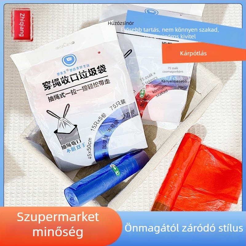 Otthoni vastagított szemeteszsák, síknyílású, közepes méretű, konyhai használatra, 50 darabos csomag