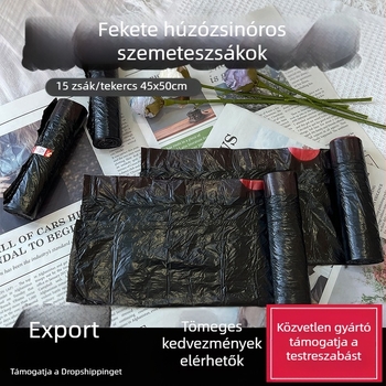 Nagy fekete húzózsinóros szemeteszsák, nagy kapacitású, szakadásálló, automatikus záródás, egyszer használatos