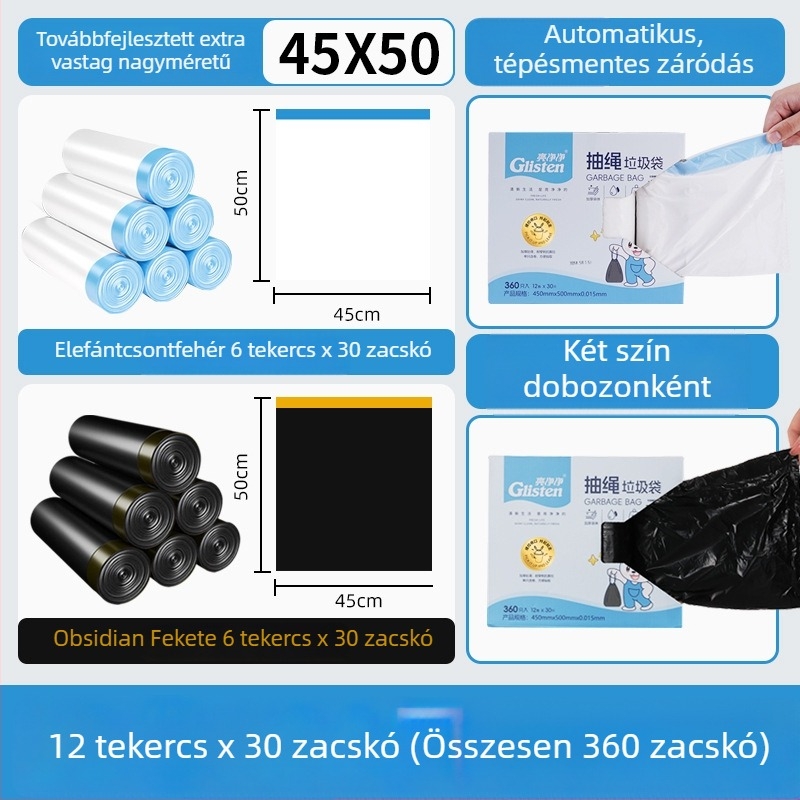 Vastagított szemeteszsákok húzós zárással, háztartási használatra a konyhában, nagy méret, 360 darab