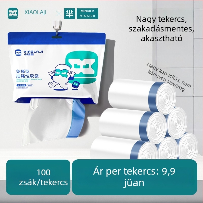 Háztartási extranagy szemeteszsákok zsinóros zárással, szakadásálló, 100 darab, PE anyag