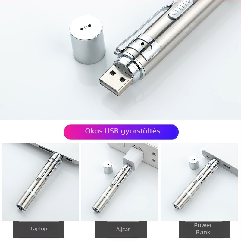 Multifunkcionális USB újratölthető mini zseblámpa lézerpointerrel, UV bankjegy detektor és detektáló toll