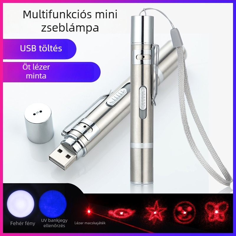 Multifunkcionális USB újratölthető mini zseblámpa lézerpointerrel, UV bankjegy detektor és detektáló toll
