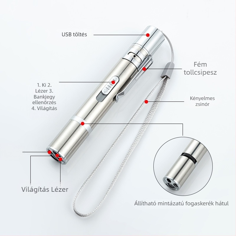 Multifunkcionális USB újratölthető mini zseblámpa lézerpointerrel, UV bankjegy detektor és detektáló toll