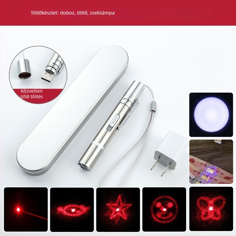 Multifunkcionális USB újratölthető mini zseblámpa lézerpointerrel, UV bankjegy detektor és detektáló toll