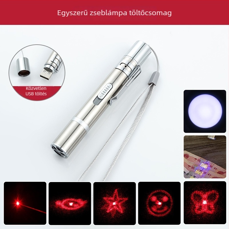Multifunkcionális USB újratölthető mini zseblámpa lézerpointerrel, UV bankjegy detektor és detektáló toll