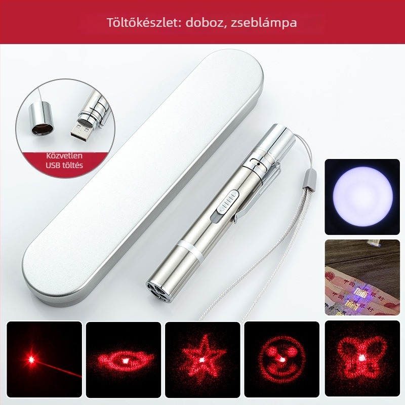 Multifunkcionális USB újratölthető mini zseblámpa lézerpointerrel, UV bankjegy detektor és detektáló toll