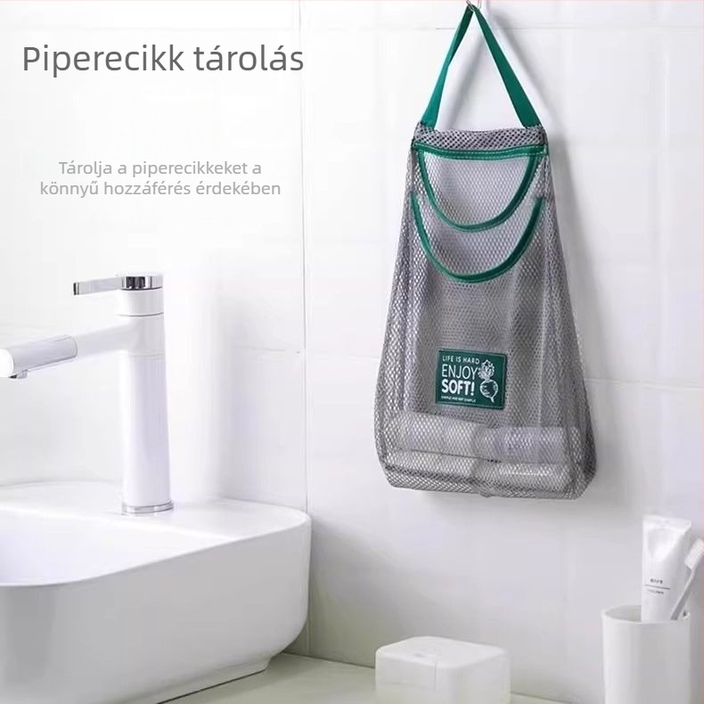 Két darabos készlet: multifunkcionális konyhai gyümölcs- és zöldségakasztó táskák a gyömbér és fokhagyma tárolásához, falra szerelhető