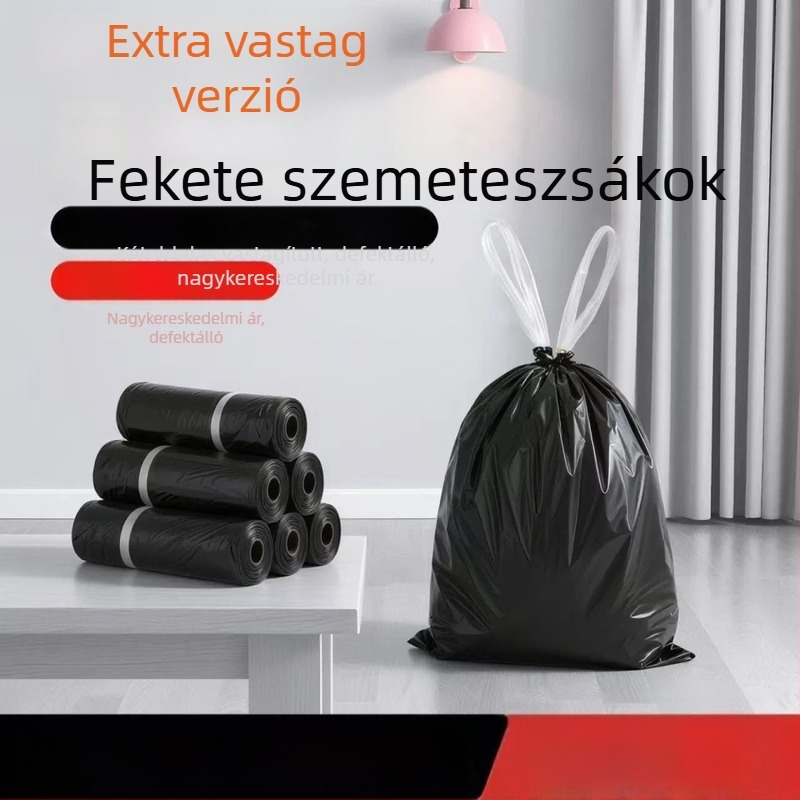 Szemeteszsák húzózsinórral, extravastag, nagy méret, fekete, otthoni használatra, konyhai hulladék, 2026 modell