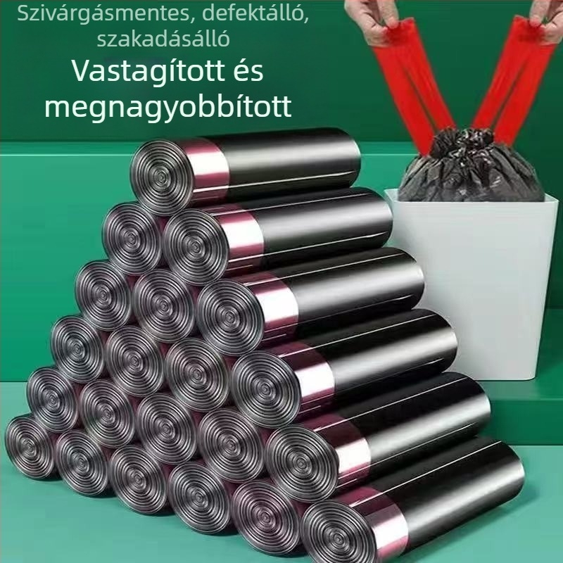 Szemeteszsák húzózsinórral, extravastag, nagy méret, fekete, otthoni használatra, konyhai hulladék, 2026 modell