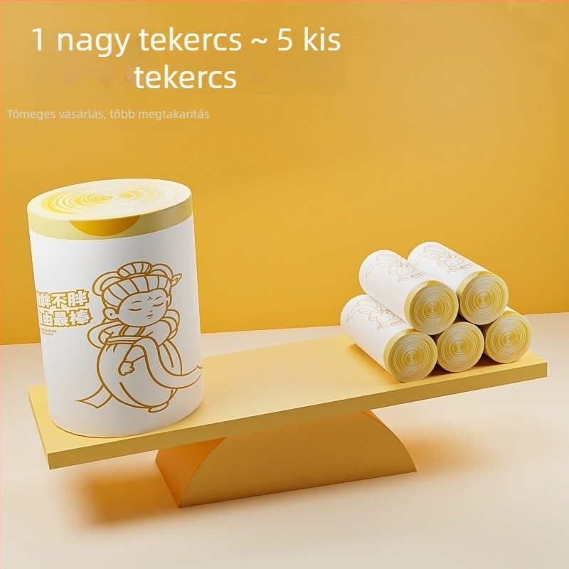 Ház körüli felhasználásra készült húzózsinóros szemeteszsák, vastagított, nagy méret, nyomott mintával.