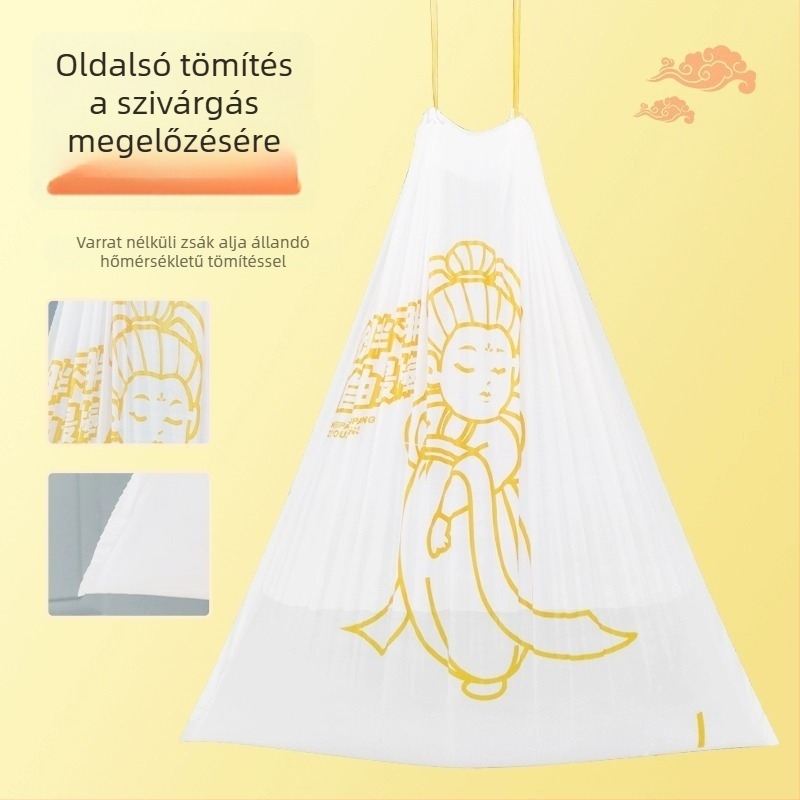 Ház körüli felhasználásra készült húzózsinóros szemeteszsák, vastagított, nagy méret, nyomott mintával.