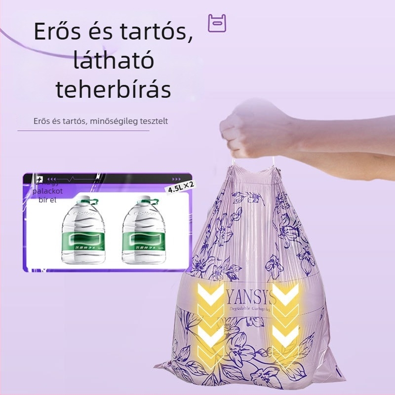 Lila szemeteszsákok húzózsinórral, vastag háztartási zacskók, fogantyúval