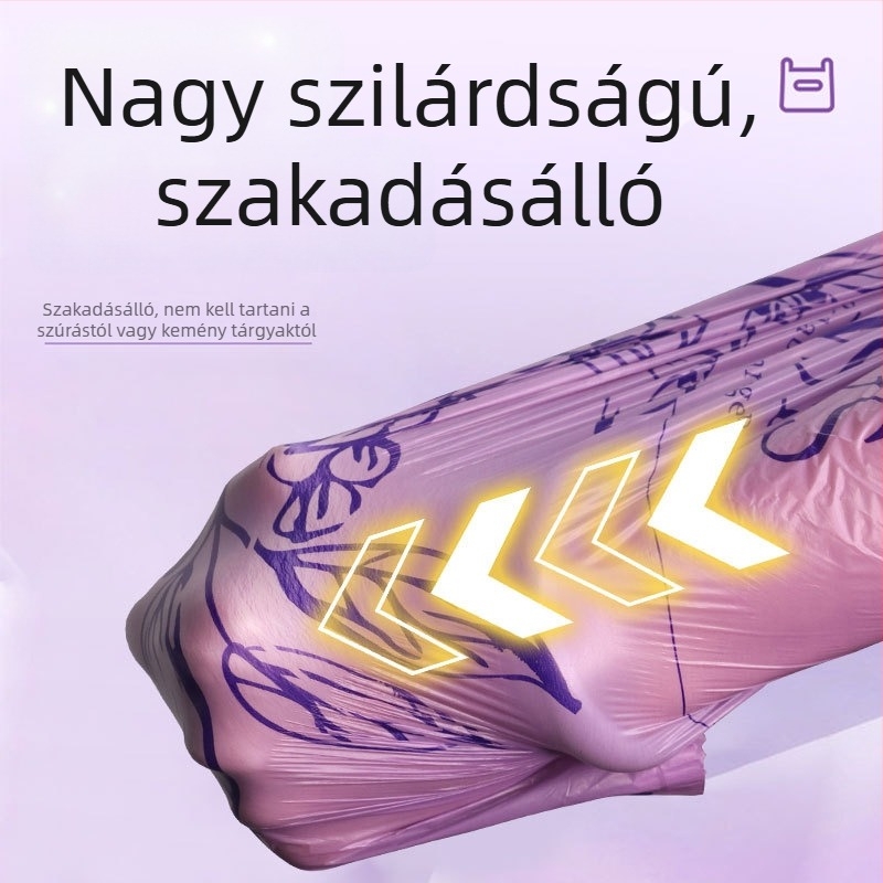 Lila szemeteszsákok húzózsinórral, vastag háztartási zacskók, fogantyúval