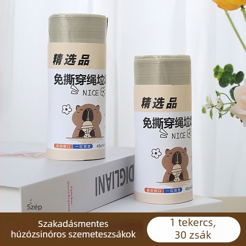 Illatos húzózsinóros szemeteszsákok, konyhai használatra, extra vastag, szakadásálló és könnyen kivehető.