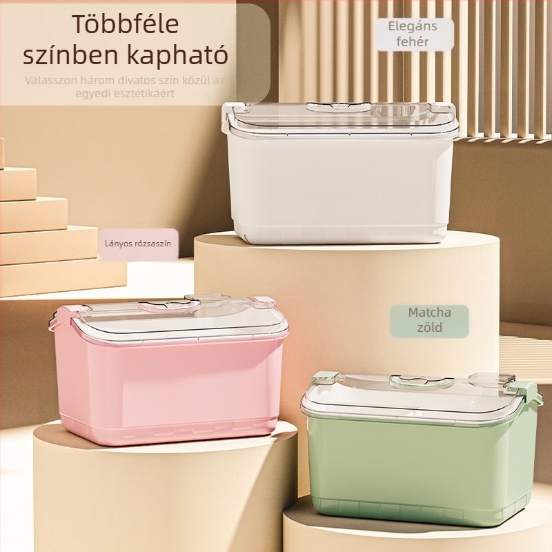 Nagy kapacitású asztali tároló fedővel, porvédő kozmetikumokhoz, ékszerekhez és kiegészítőkhöz