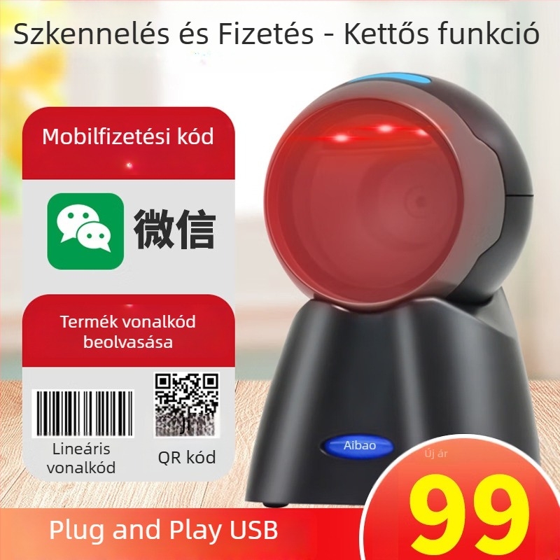 Aibo PT-6886 QR-kód olvasó fizetési dobozzal, kézi POS-olvasó éttermek és ruházat számára