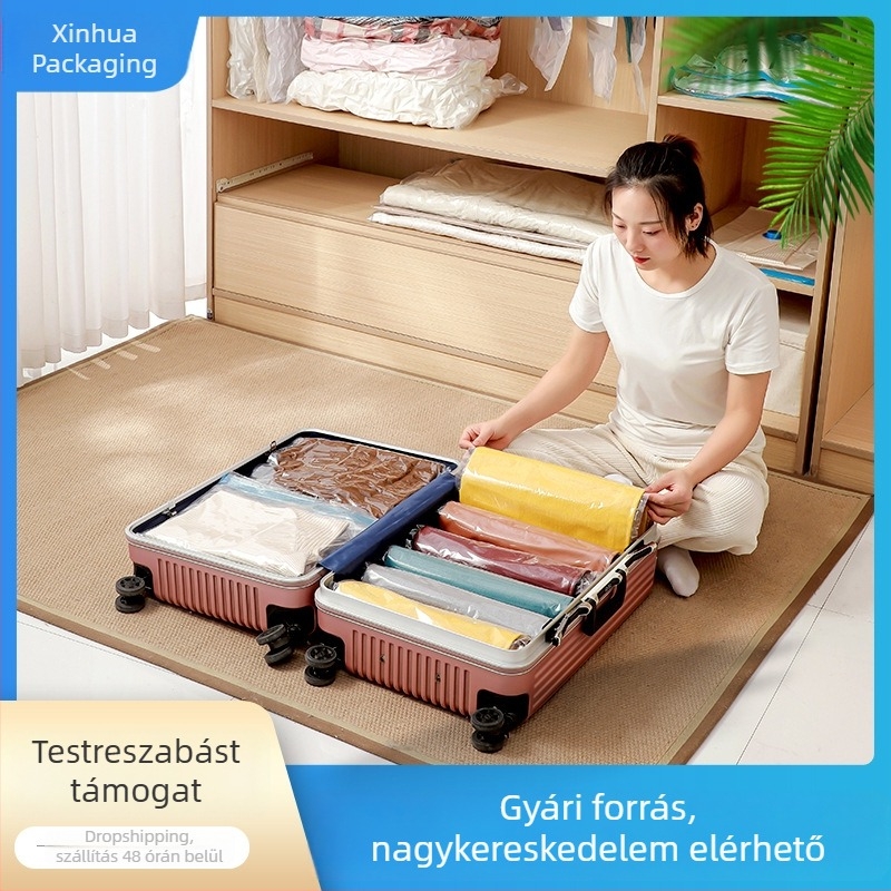 Személyre szabott kézzel görgetett utazótáska vákuumos tömörítő tárolózsák, átlátszó és porvédett
