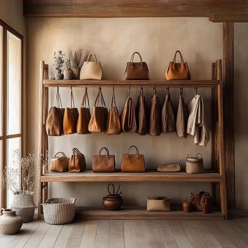 Wabi-Sabi stílusú tömörfa ruhafogas, padlón álló, természetes fa megjelenésű, személyre szabható vendégházak számára