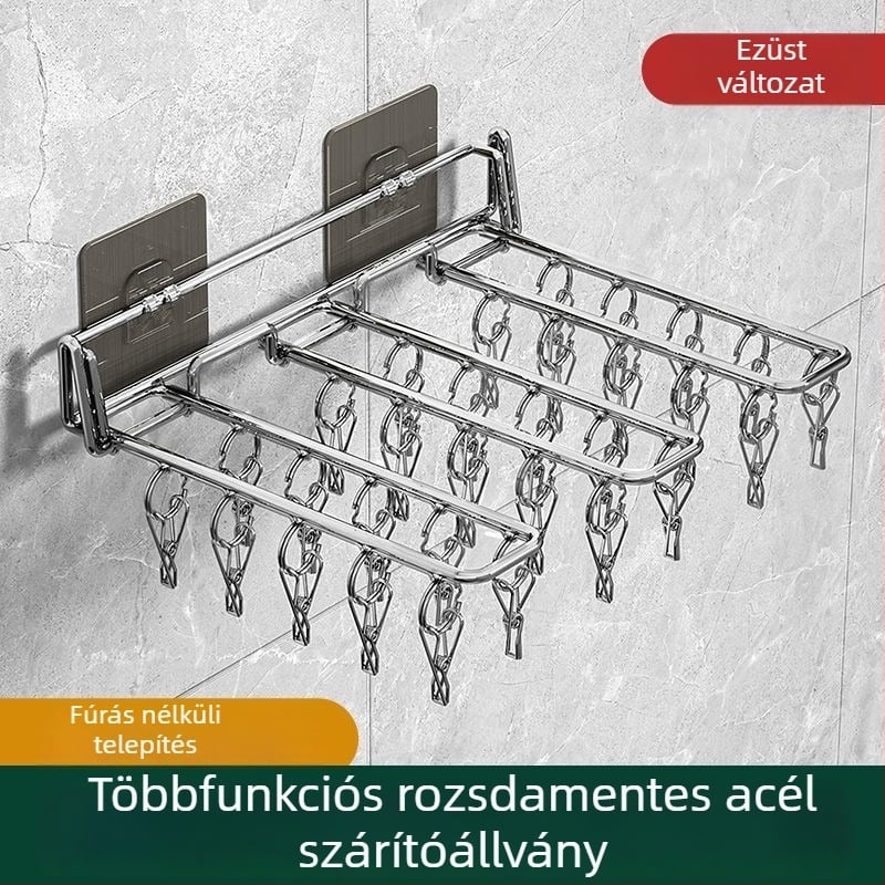 Rozsdamentes acélból készült összecsukható falra szerelhető ruhaszárító, fúrás nélküli telepítés, zoknitartóval, beltéri használatra