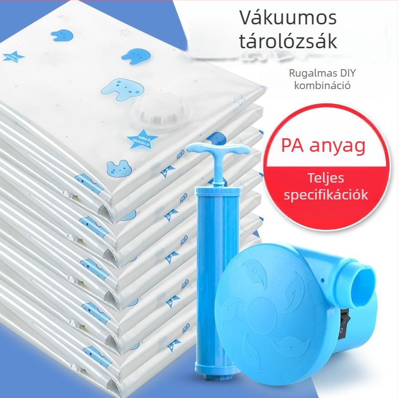 Kompakt vákuum tárolózsák ruhákhoz és párnákhoz, kék nyuszi mintával, PA+PE anyag, BY-0012 modell