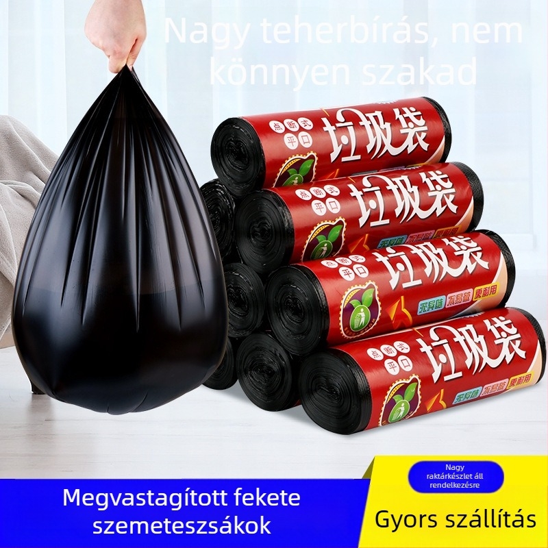 Egyszer használatos fekete konyhai szemeteszsákok, megnövelt vastagságú kivitelben, 60×80 cm, perforált könnyed szakadás, sík nyílás