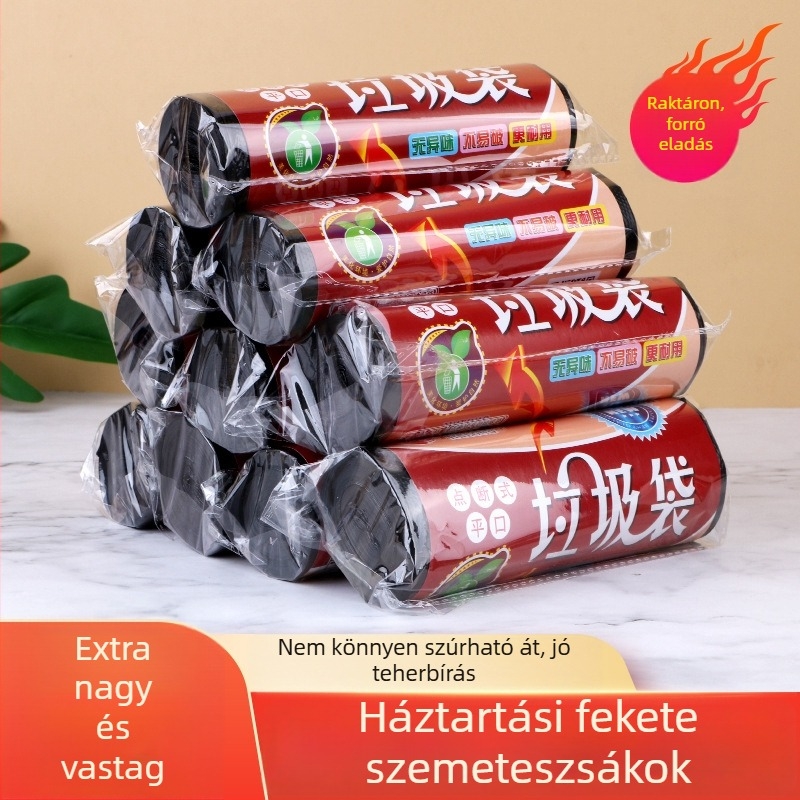 Egyszer használatos fekete konyhai szemeteszsákok, megnövelt vastagságú kivitelben, 60×80 cm, perforált könnyed szakadás, sík nyílás