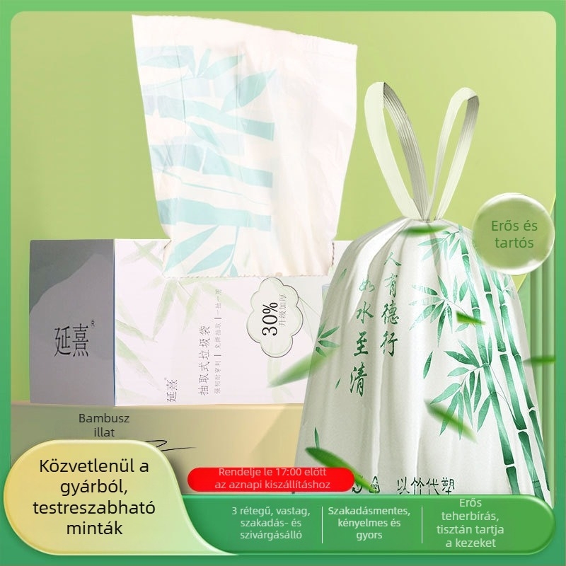 Zöld bambusz illatú hordozható szemeteszsákok, vastagok, szakadásállóak, húzózsinóros, háztartási, irodai és konyhai használatra