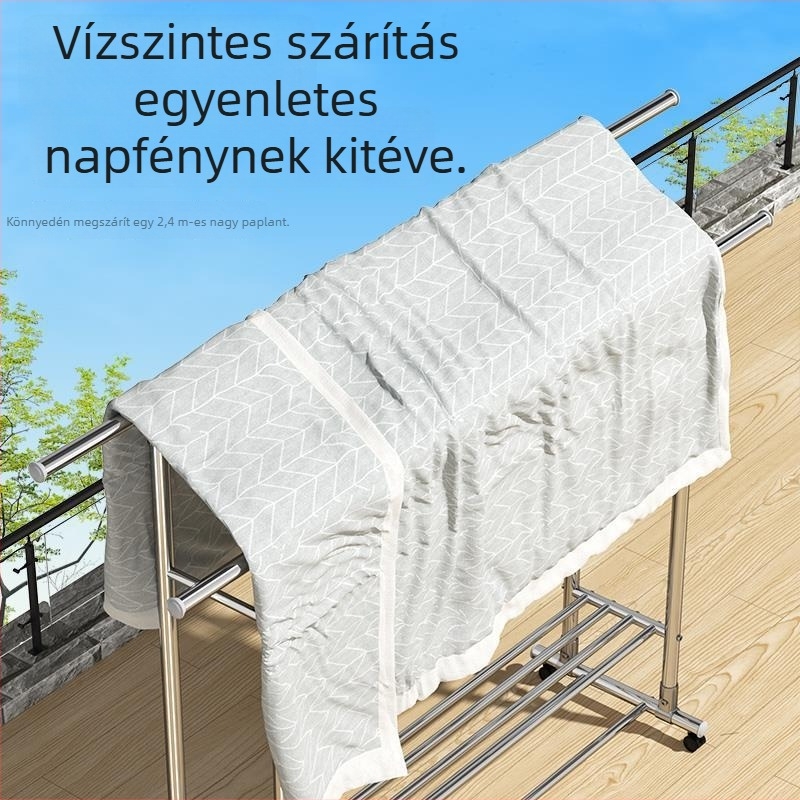 Rozsdamentes acélból készült dupla ruhaszárító, padlón álló, összecsukható, teleszkópos, erkélyre és kültérre