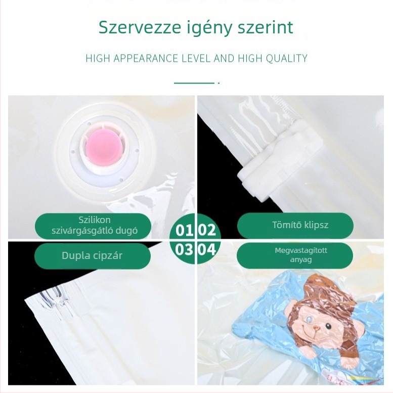 Tejfehér, részben átlátszó vákuumos tároló tasak ruhákhoz és paplanokhoz