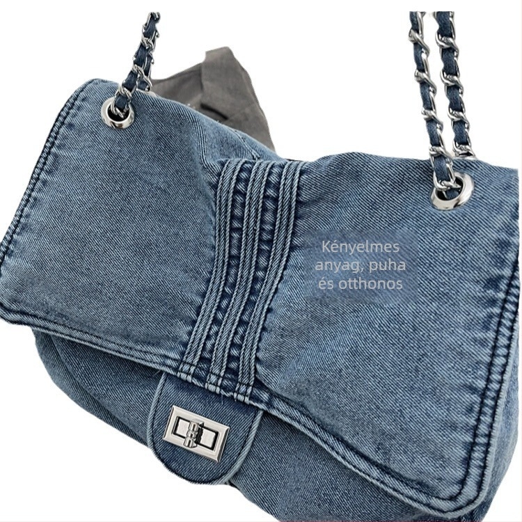 Nagy denim táska láncos vállpánttal, koreai stílusú divat táska, kétfunkciós váll vagy crossbody táska nőknek
